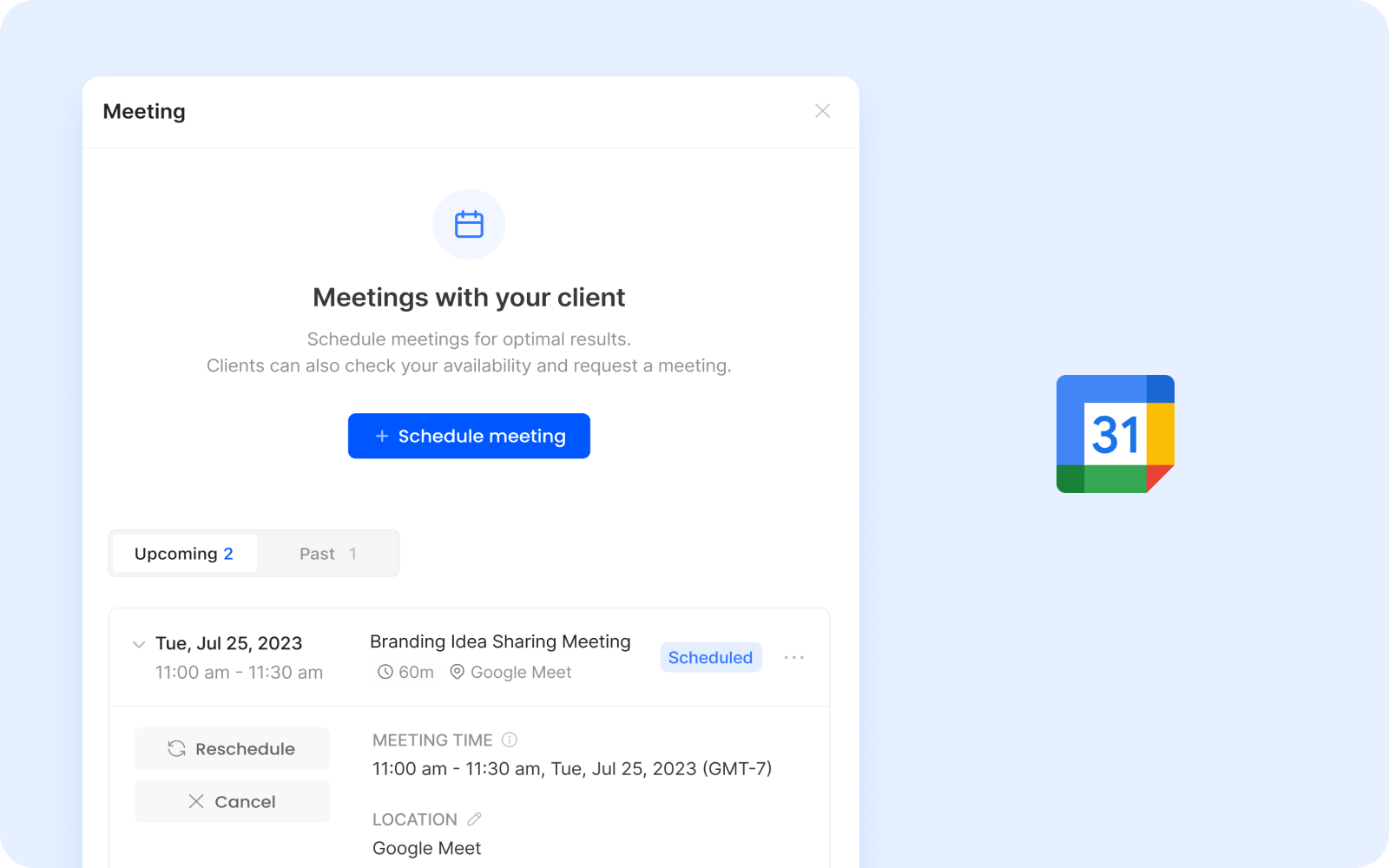 Schedule a meeting from a Yess.io client portal